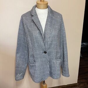 Lands End Womens Large 14-16 Glen Plaid Fleece Lined Knit Blazer Cardigan Jacket